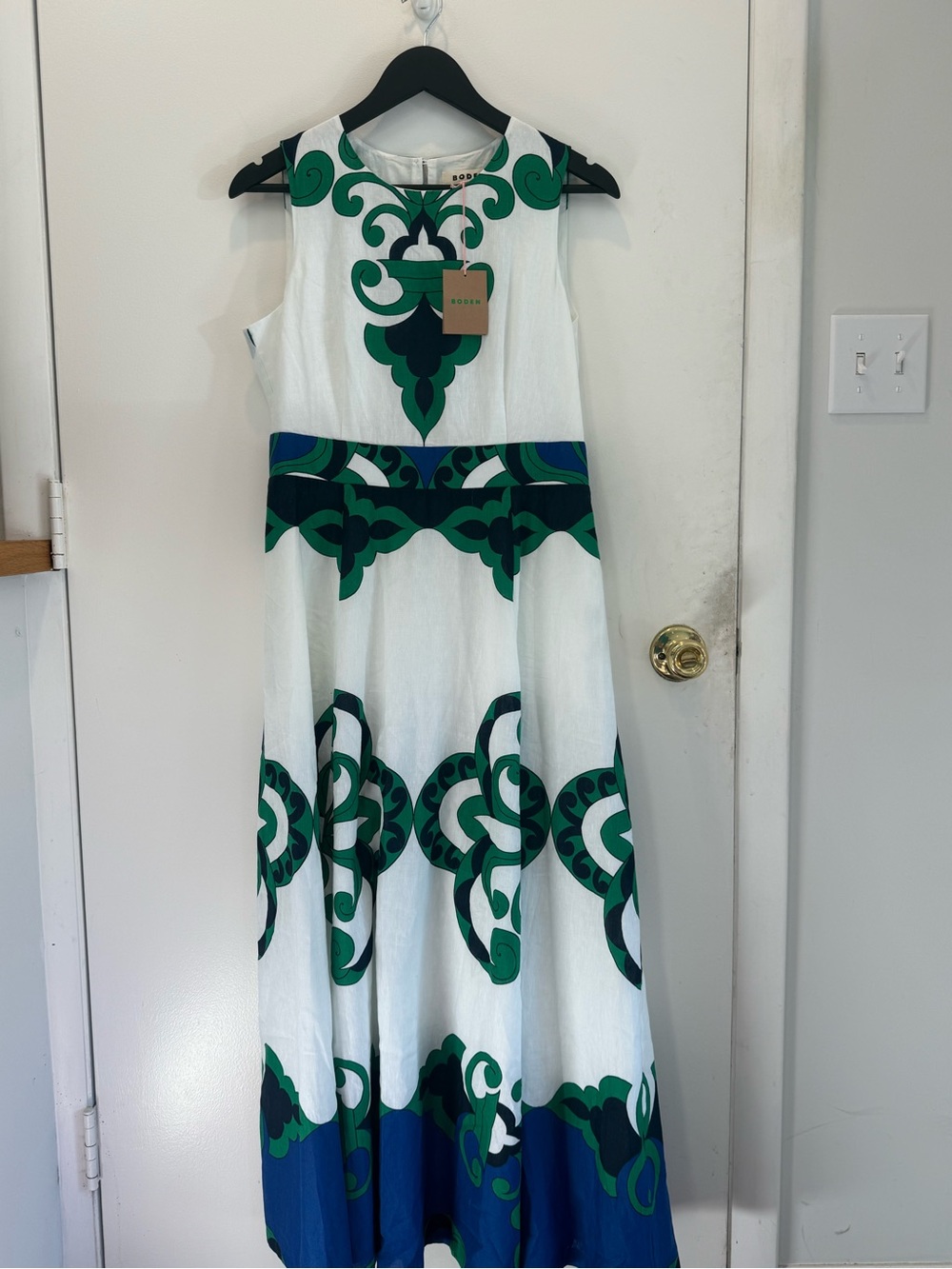 Boden White Maxi Dress with Green and Blue Graphic Print